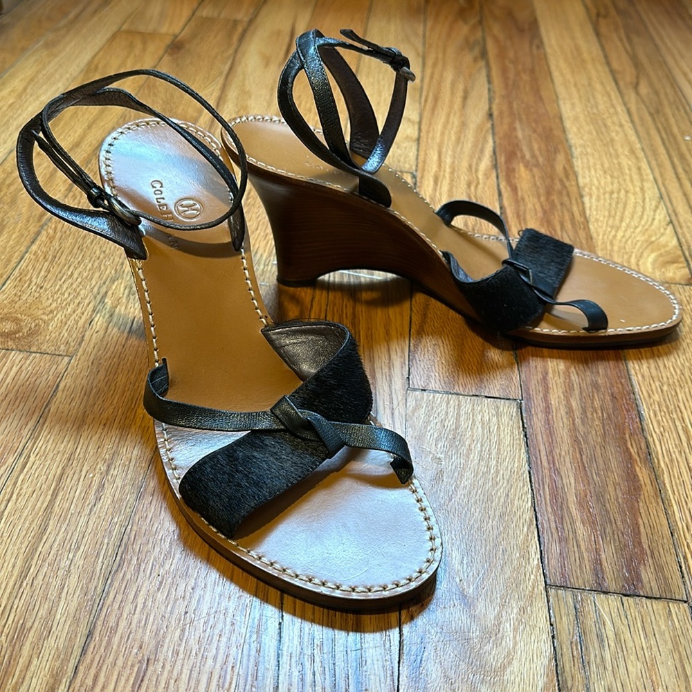 Cole Haan Black Leather and Brown Wood Wedge Sandals